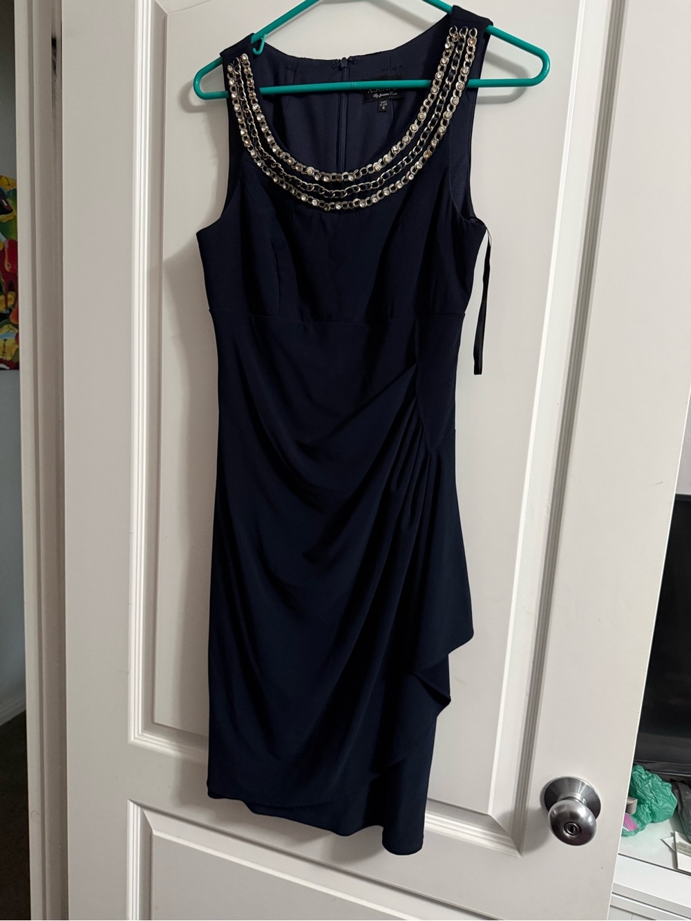 Xscape Navy Sleeveless Sheath Dress with Beaded Neckline
